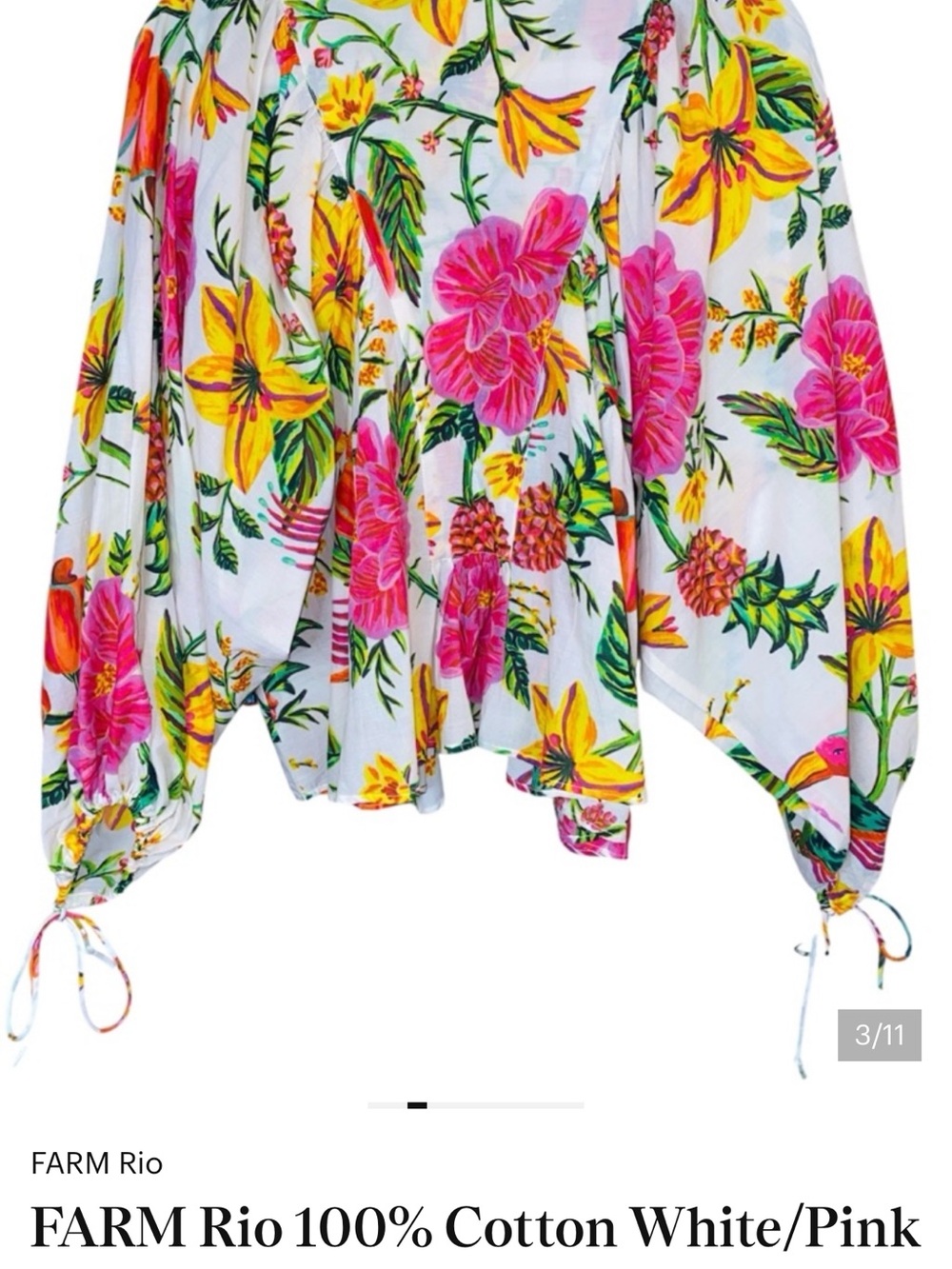 FARM Rio 100% Cotton Multicolor Floral Boho Top, Size Large - Picture 3 of 4